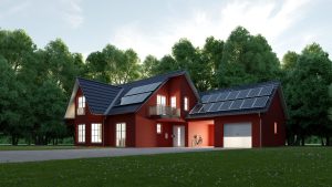 师呈现砖红色模块化的房子和附加车库,黑色的屋顶太阳能电池板有22个,白色的车库门,windows 8从内部点燃,自行车车道,绿草,树木,蓝天白云的背景