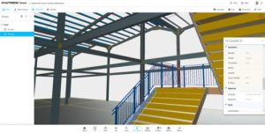 截图的BIM模型显示深灰色的钢铁建筑框架和黄色双飞”楼梯扶手的蓝色