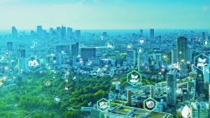 城市绿色与蓝色背景和前景的照片显示新兴从城市智能传感器组件