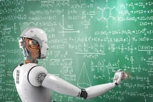 灰色机器人写数学和科学方程式greenboard用白色粉笔