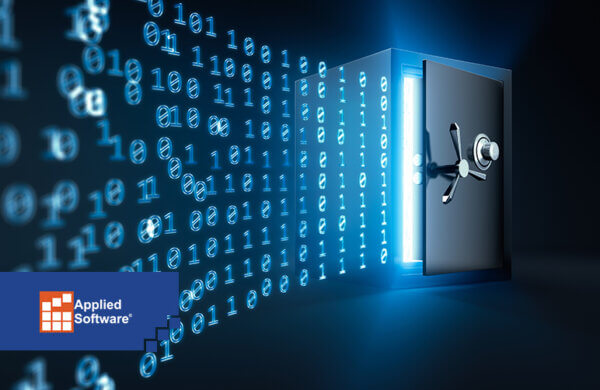 缎带墙的二进制代码蓝色色调出现从保险库安全与门轻微打开的光出现